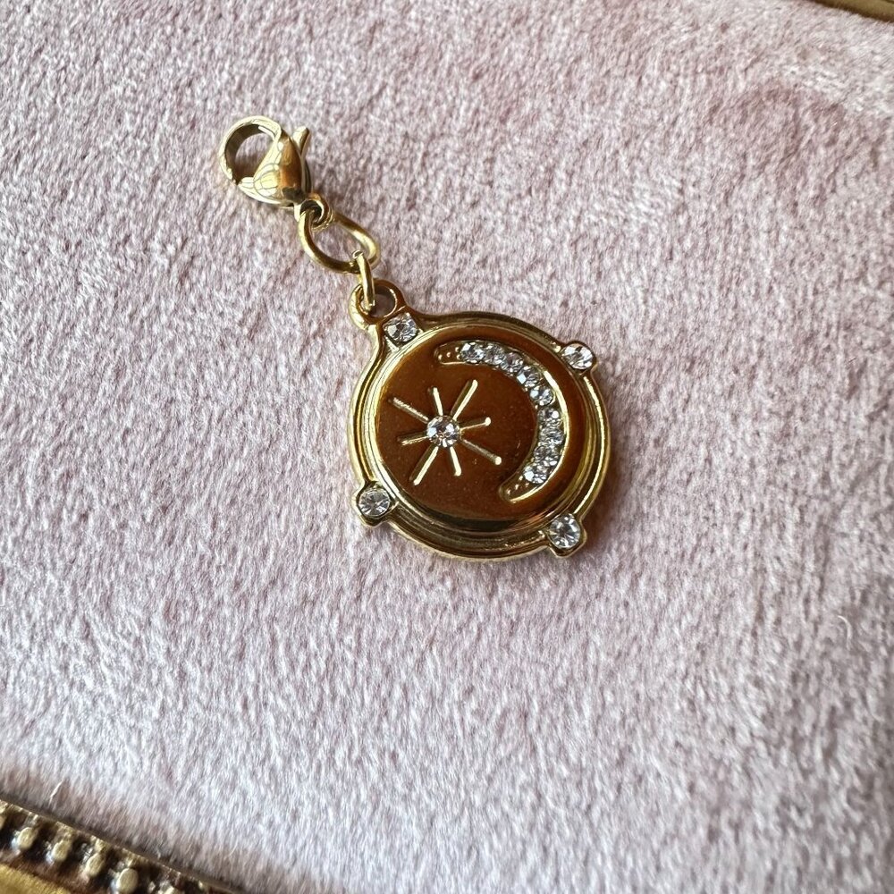 Moon & Star Charm Pendant 18k Gold PVD Stainless Steel Micro Crystals w/ Clasp - Picture 7 of 13